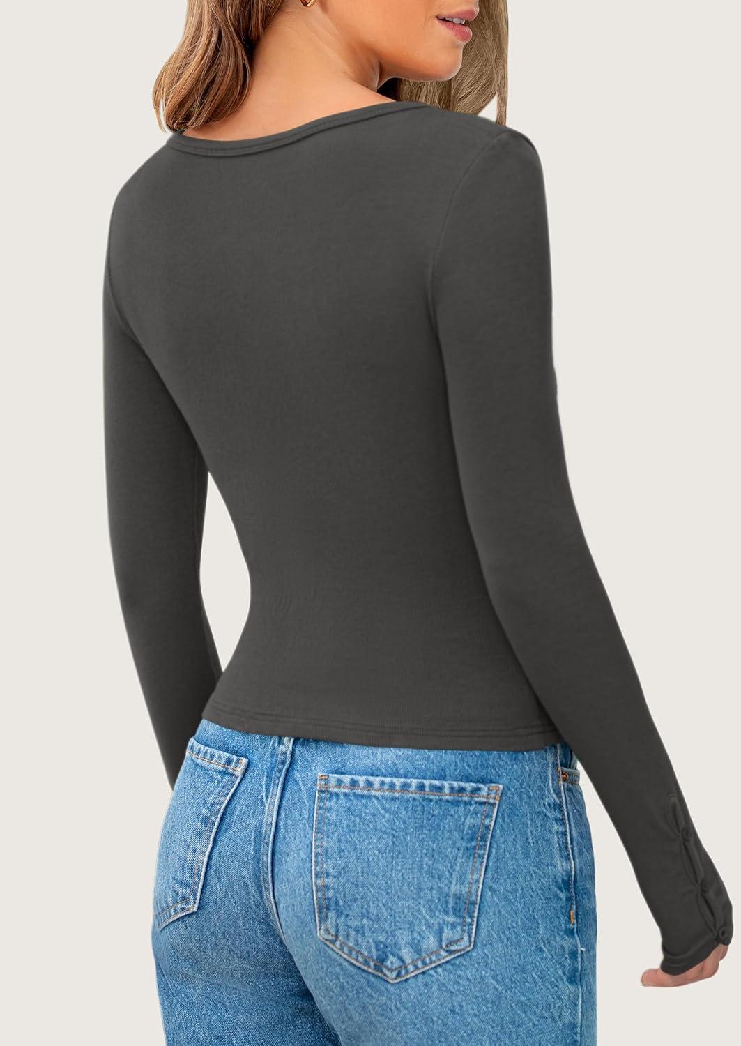imagePRETTYGARDEN Womens 2025 Spring Long Sleeve Henley T Shirts Ribbed Knit Button Up Slim Fitted Basic Casual Going Out TopsDark Grey