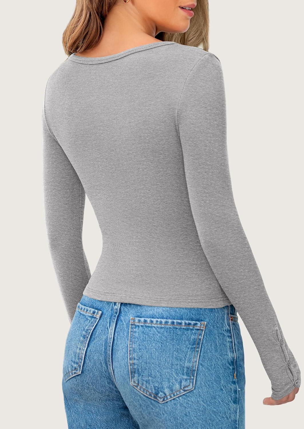 imagePRETTYGARDEN Womens 2025 Spring Long Sleeve Henley T Shirts Ribbed Knit Button Up Slim Fitted Basic Casual Going Out TopsGrey