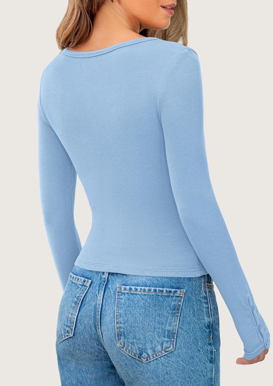 imagePRETTYGARDEN Womens 2025 Spring Long Sleeve Henley T Shirts Ribbed Knit Button Up Slim Fitted Basic Casual Going Out TopsLight Blue
