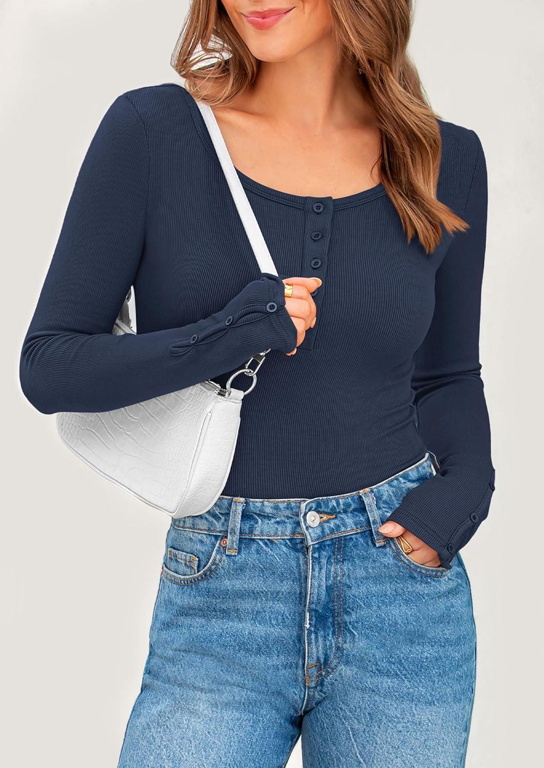 imagePRETTYGARDEN Womens 2025 Spring Long Sleeve Henley T Shirts Ribbed Knit Button Up Slim Fitted Basic Casual Going Out TopsNavy Blue