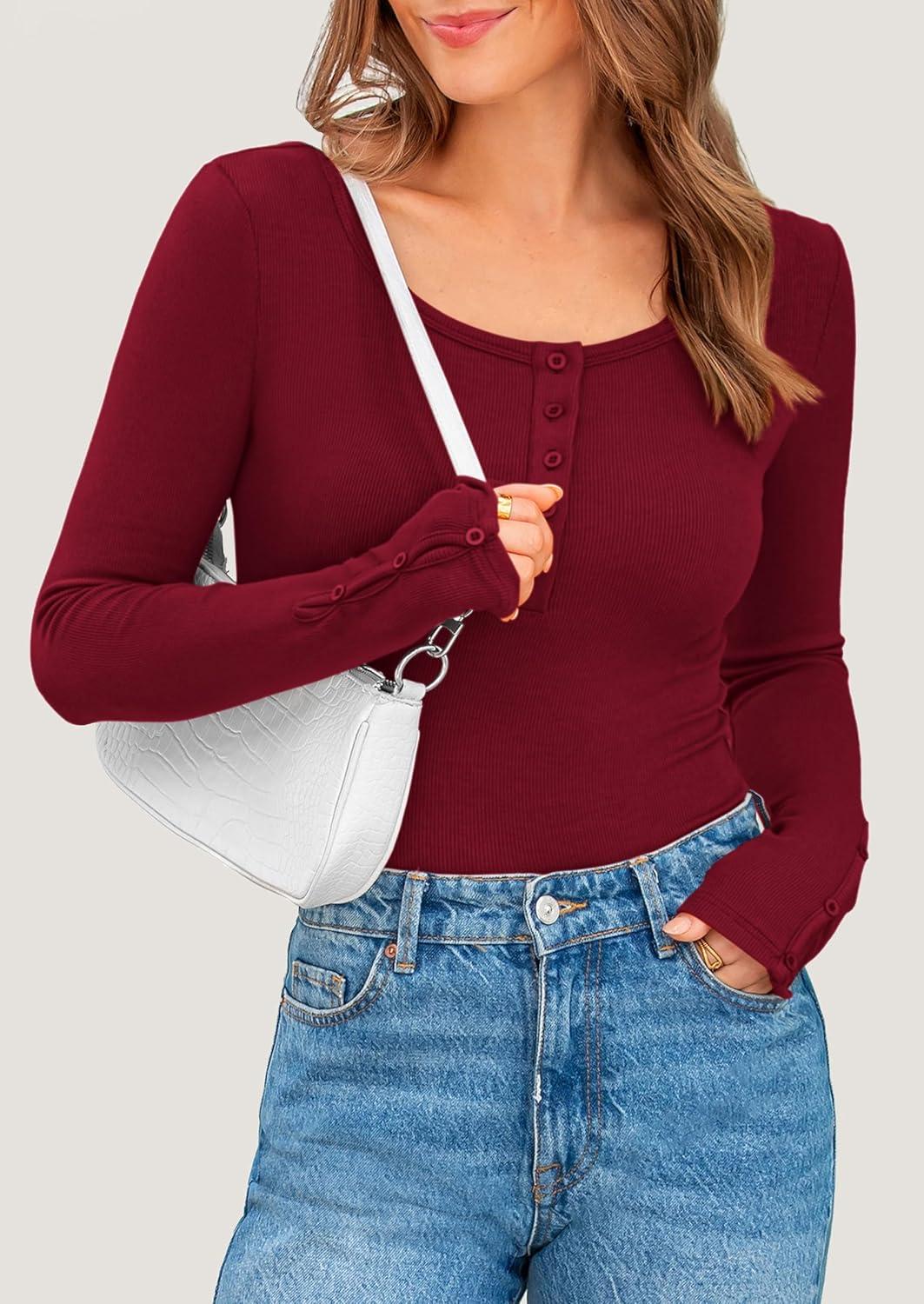 imagePRETTYGARDEN Womens 2025 Spring Long Sleeve Henley T Shirts Ribbed Knit Button Up Slim Fitted Basic Casual Going Out TopsWine Red