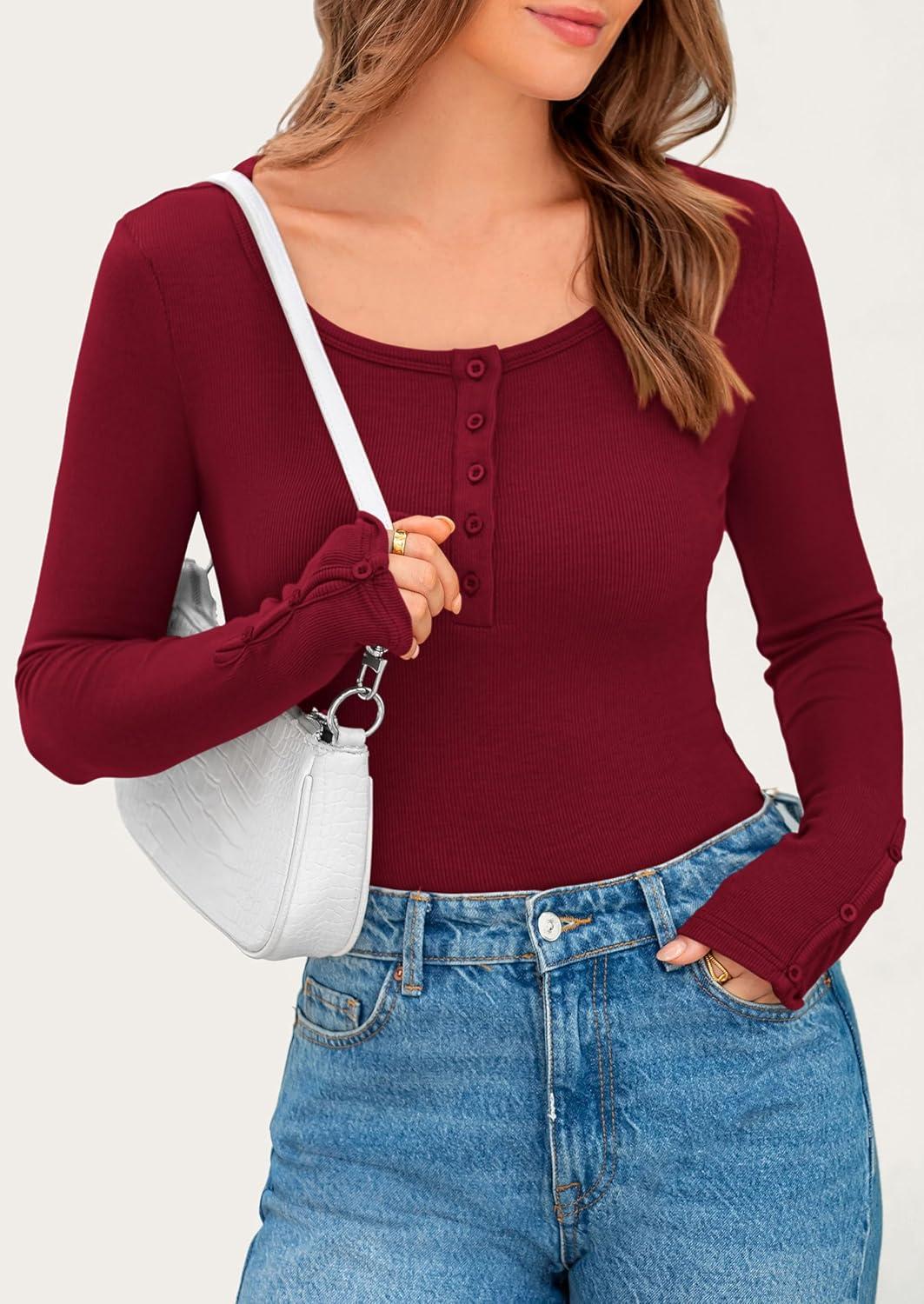 imagePRETTYGARDEN Womens 2025 Spring Long Sleeve Henley T Shirts Ribbed Knit Button Up Slim Fitted Basic Casual Going Out TopsWine Red