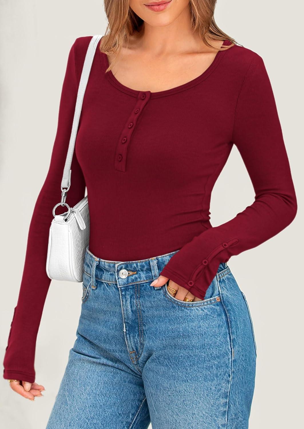 imagePRETTYGARDEN Womens 2025 Spring Long Sleeve Henley T Shirts Ribbed Knit Button Up Slim Fitted Basic Casual Going Out TopsWine Red