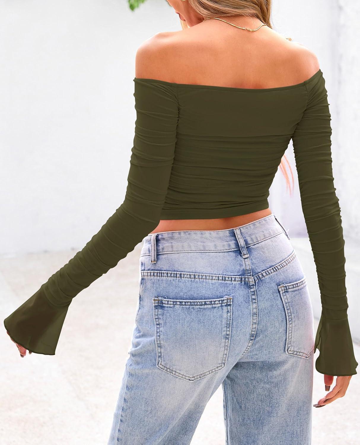 imagePRETTYGARDEN Womens Long Sleeve T Shirts Casual Off Shoulder Ruched Mesh Slim Fit Crop Tops Going Out Summer BlousesArmy Green