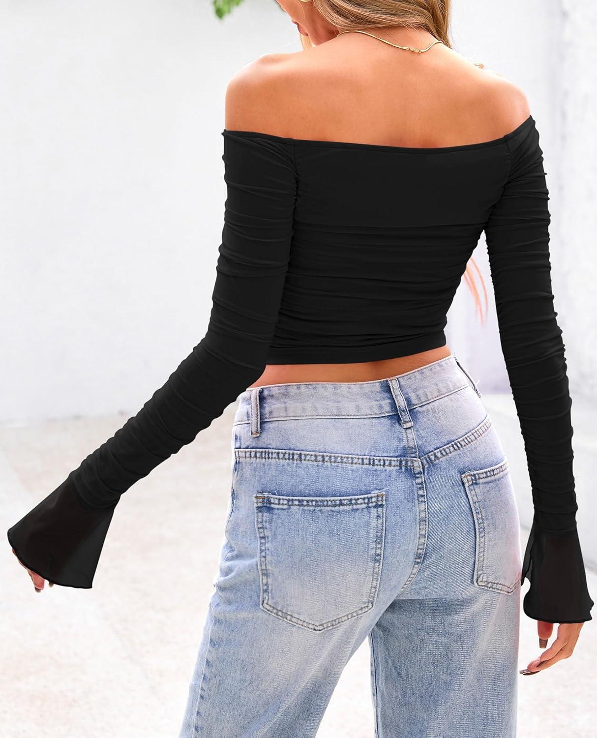 imagePRETTYGARDEN Womens Long Sleeve T Shirts Casual Off Shoulder Ruched Mesh Slim Fit Crop Tops Going Out Summer BlousesBlack