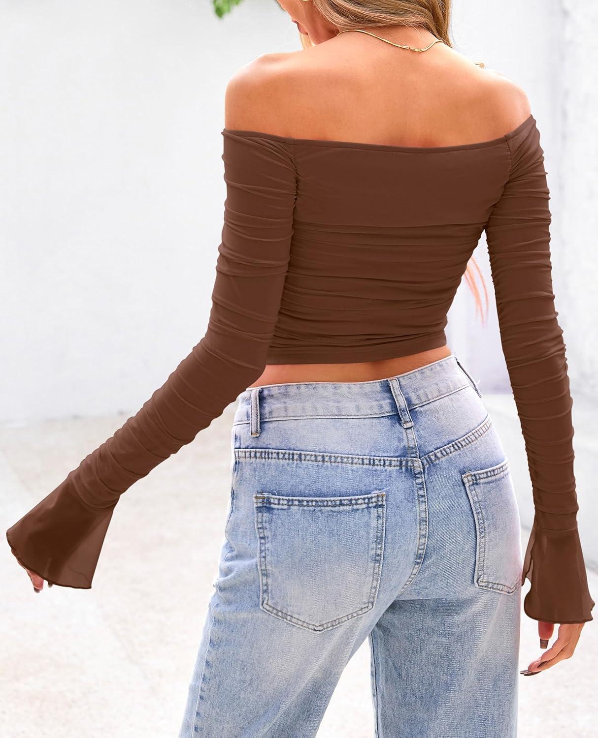 imagePRETTYGARDEN Womens Long Sleeve T Shirts Casual Off Shoulder Ruched Mesh Slim Fit Crop Tops Going Out Summer BlousesCoffee