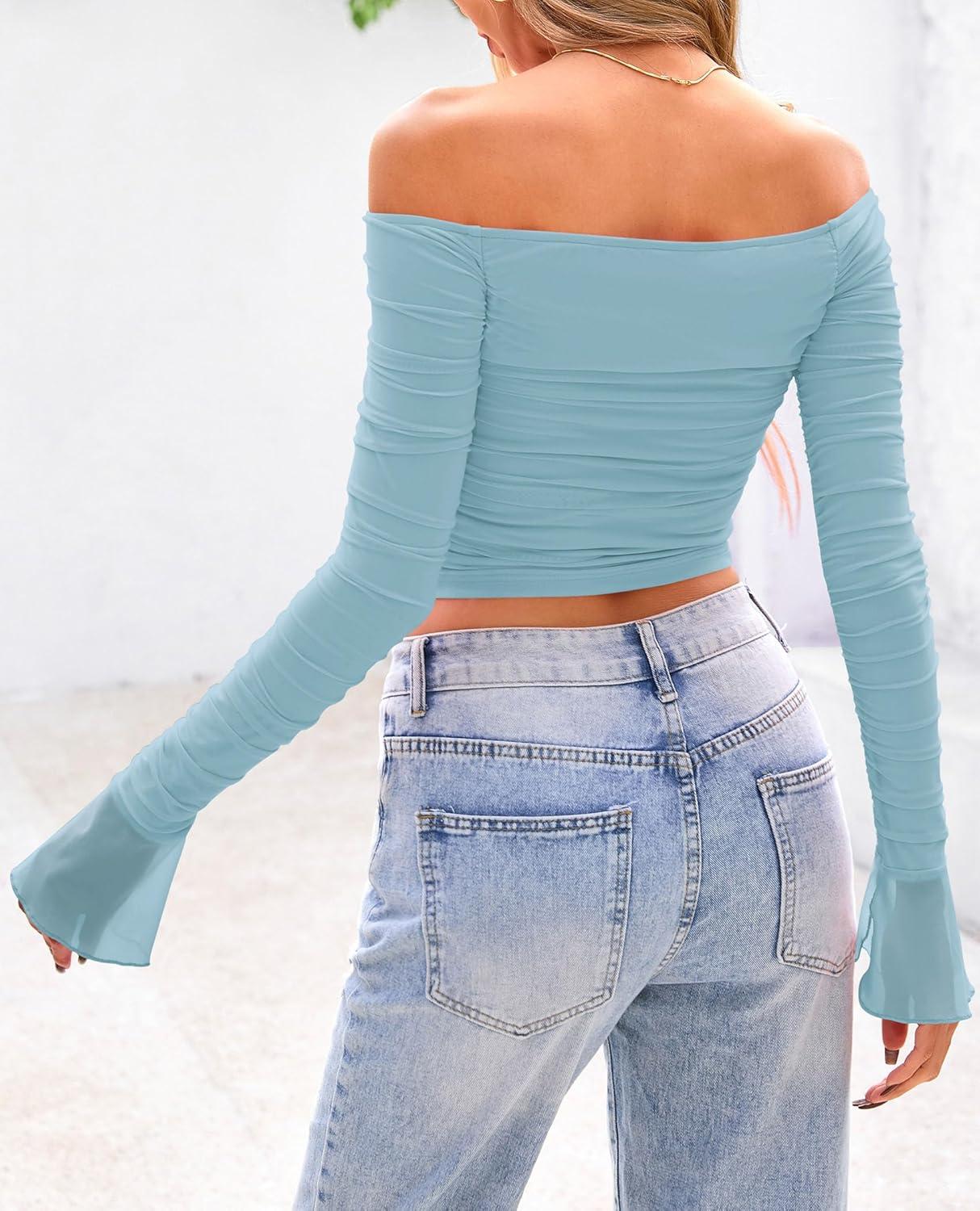 imagePRETTYGARDEN Womens Long Sleeve T Shirts Casual Off Shoulder Ruched Mesh Slim Fit Crop Tops Going Out Summer BlousesLight Blue