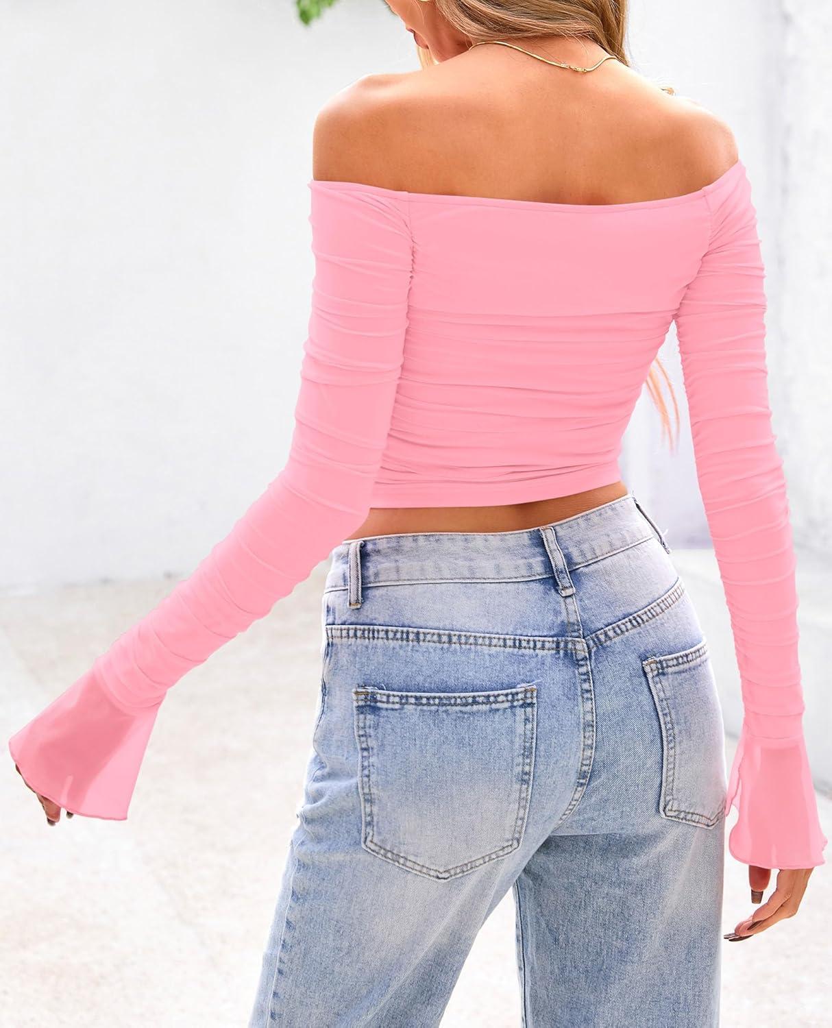 imagePRETTYGARDEN Womens Long Sleeve T Shirts Casual Off Shoulder Ruched Mesh Slim Fit Crop Tops Going Out Summer BlousesPink