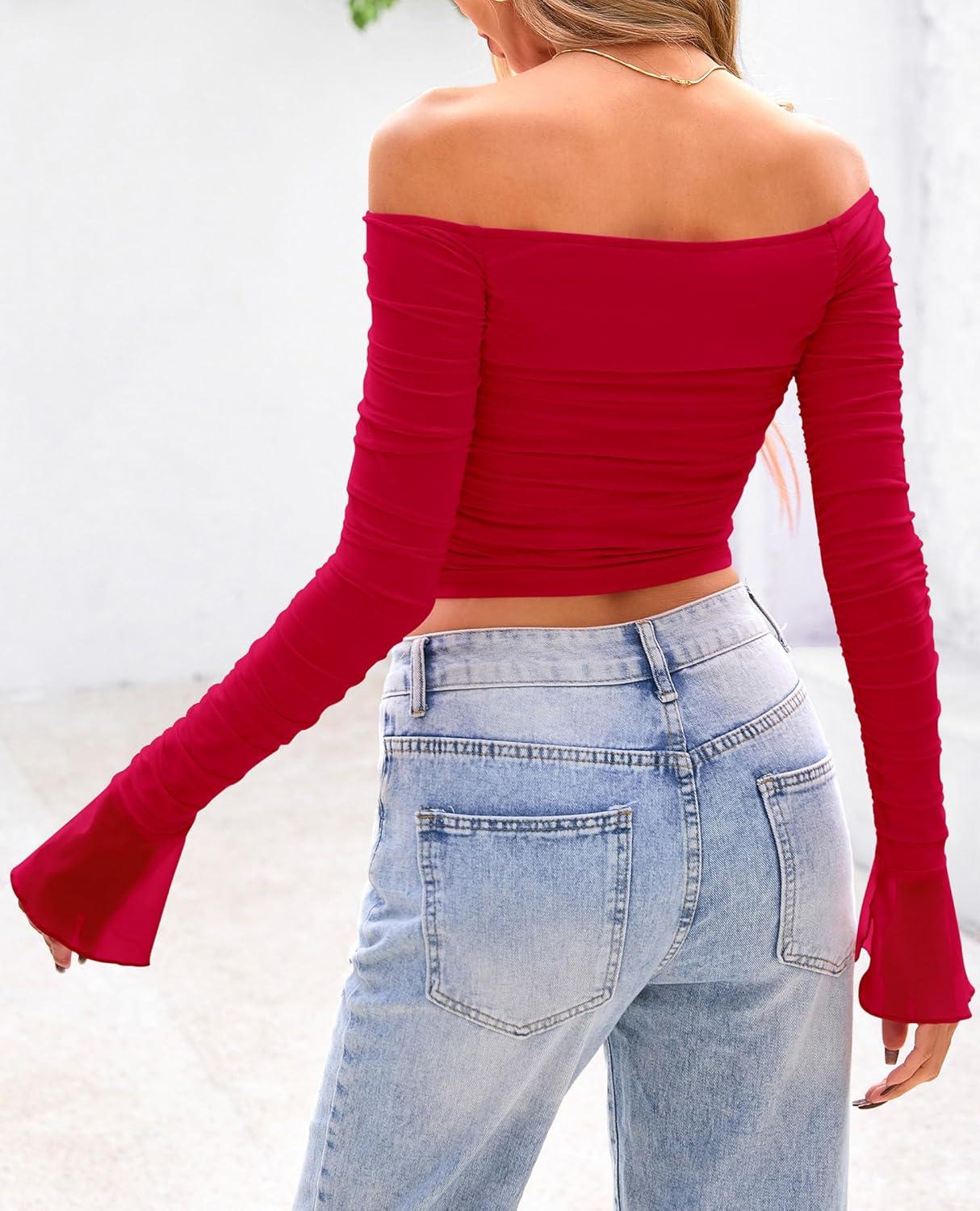 imagePRETTYGARDEN Womens Long Sleeve T Shirts Casual Off Shoulder Ruched Mesh Slim Fit Crop Tops Going Out Summer BlousesRed