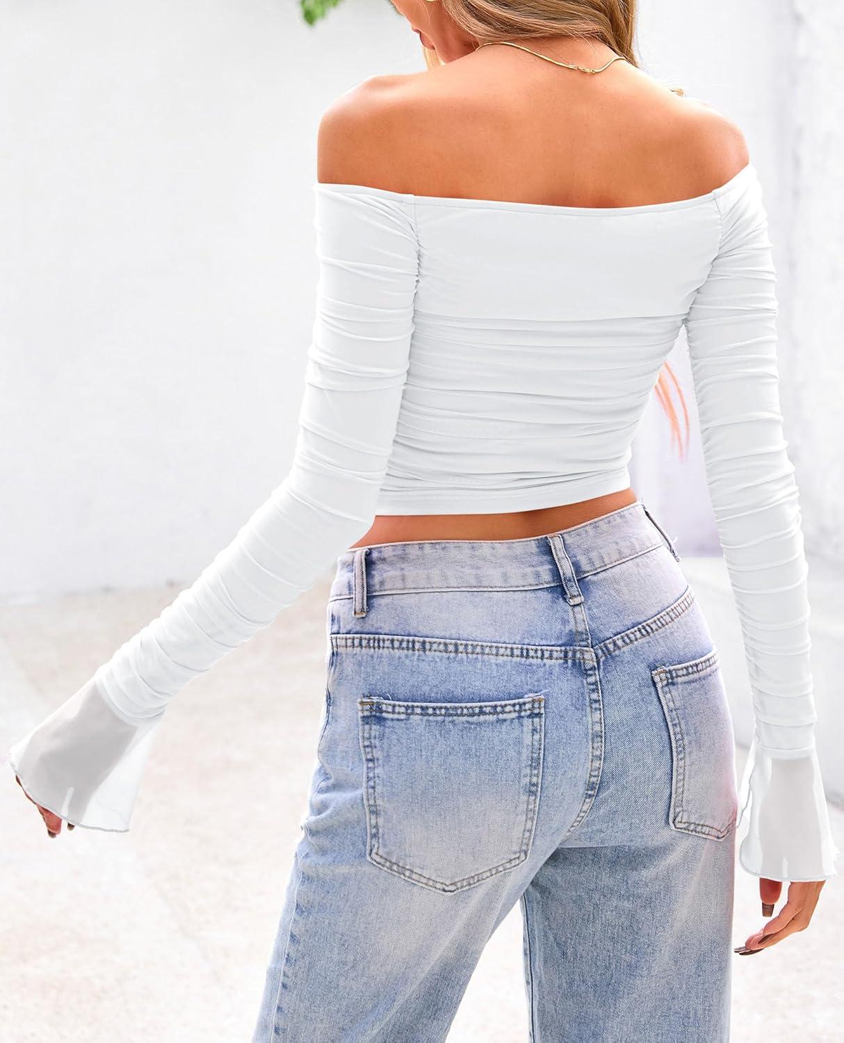 imagePRETTYGARDEN Womens Long Sleeve T Shirts Casual Off Shoulder Ruched Mesh Slim Fit Crop Tops Going Out Summer BlousesWhite