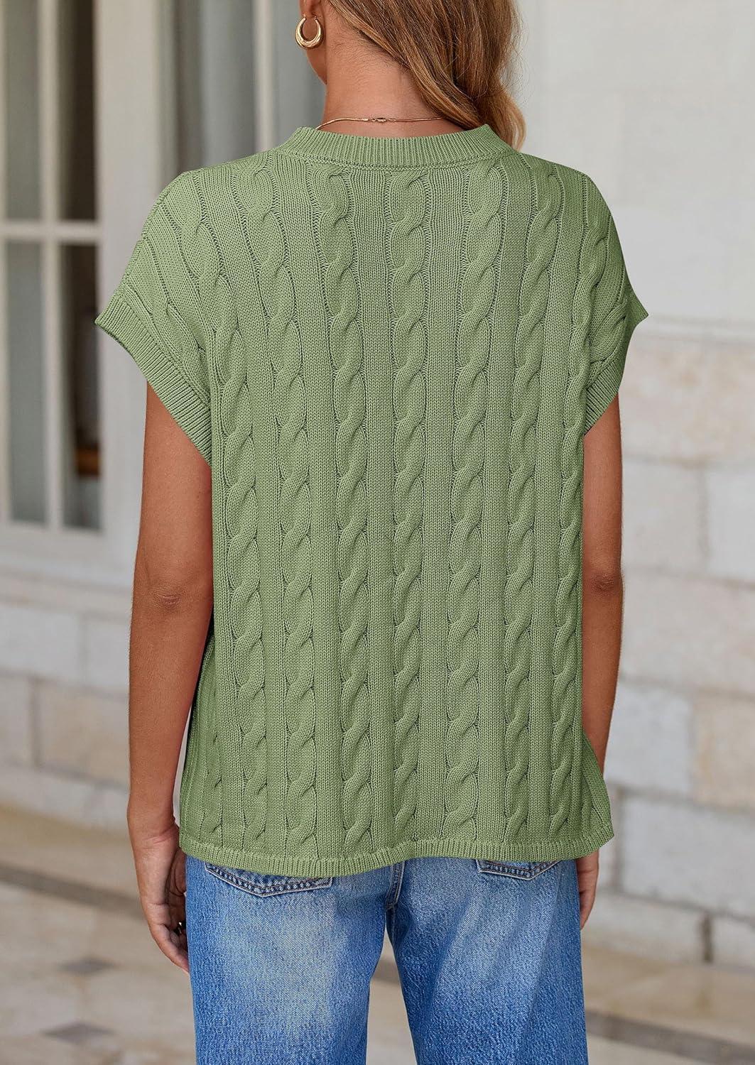 imagePRETTYGARDEN Womens Sweater Vest 2025 Summer Short Sleeve Tops Casual Crewneck Knit Pullover Trendy Spring OutfitsBean Green