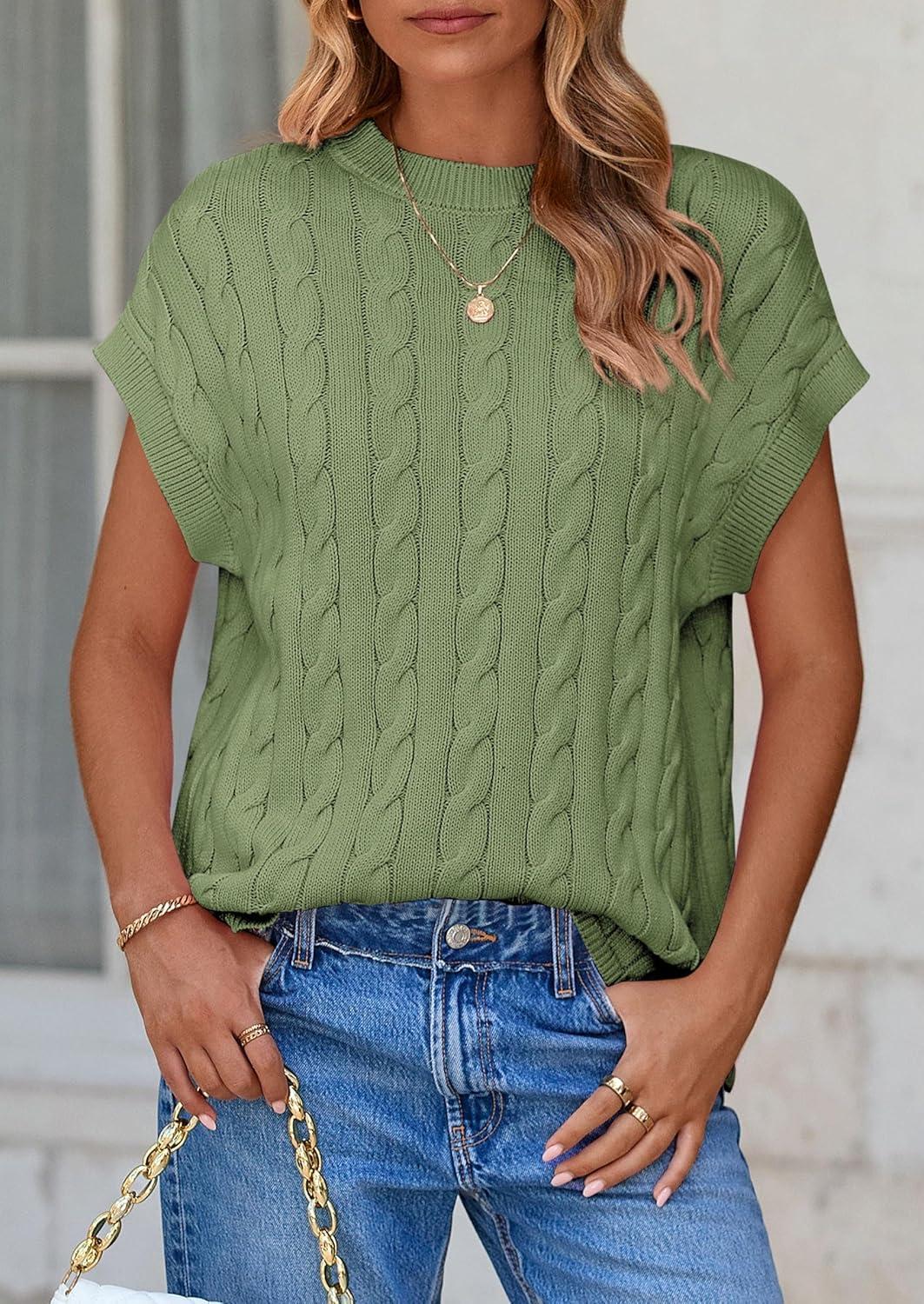 imagePRETTYGARDEN Womens Sweater Vest 2025 Summer Short Sleeve Tops Casual Crewneck Knit Pullover Trendy Spring OutfitsBean Green