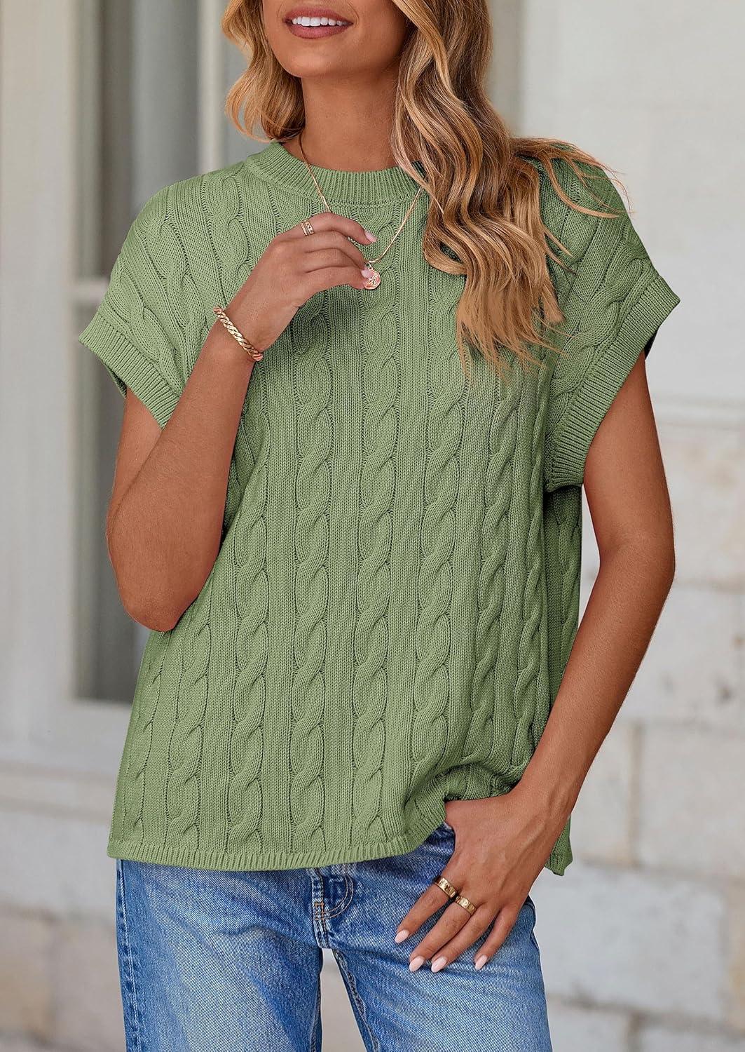 imagePRETTYGARDEN Womens Sweater Vest 2025 Summer Short Sleeve Tops Casual Crewneck Knit Pullover Trendy Spring OutfitsBean Green