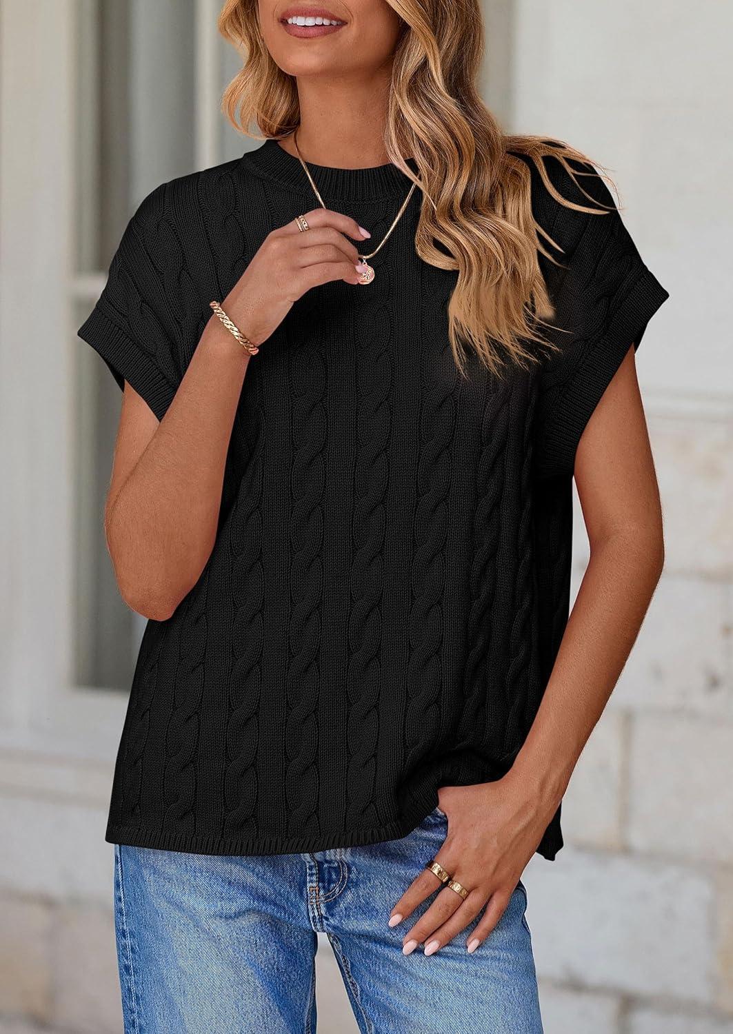 imagePRETTYGARDEN Womens Sweater Vest 2025 Summer Short Sleeve Tops Casual Crewneck Knit Pullover Trendy Spring OutfitsBlack