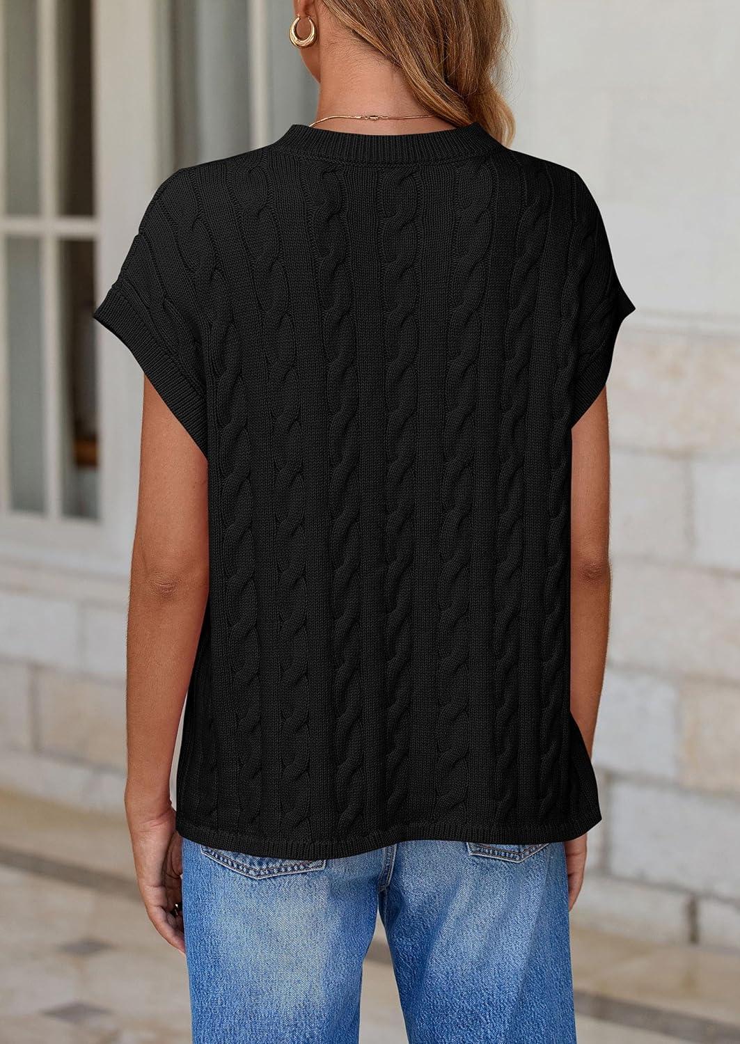 imagePRETTYGARDEN Womens Sweater Vest 2025 Summer Short Sleeve Tops Casual Crewneck Knit Pullover Trendy Spring OutfitsBlack