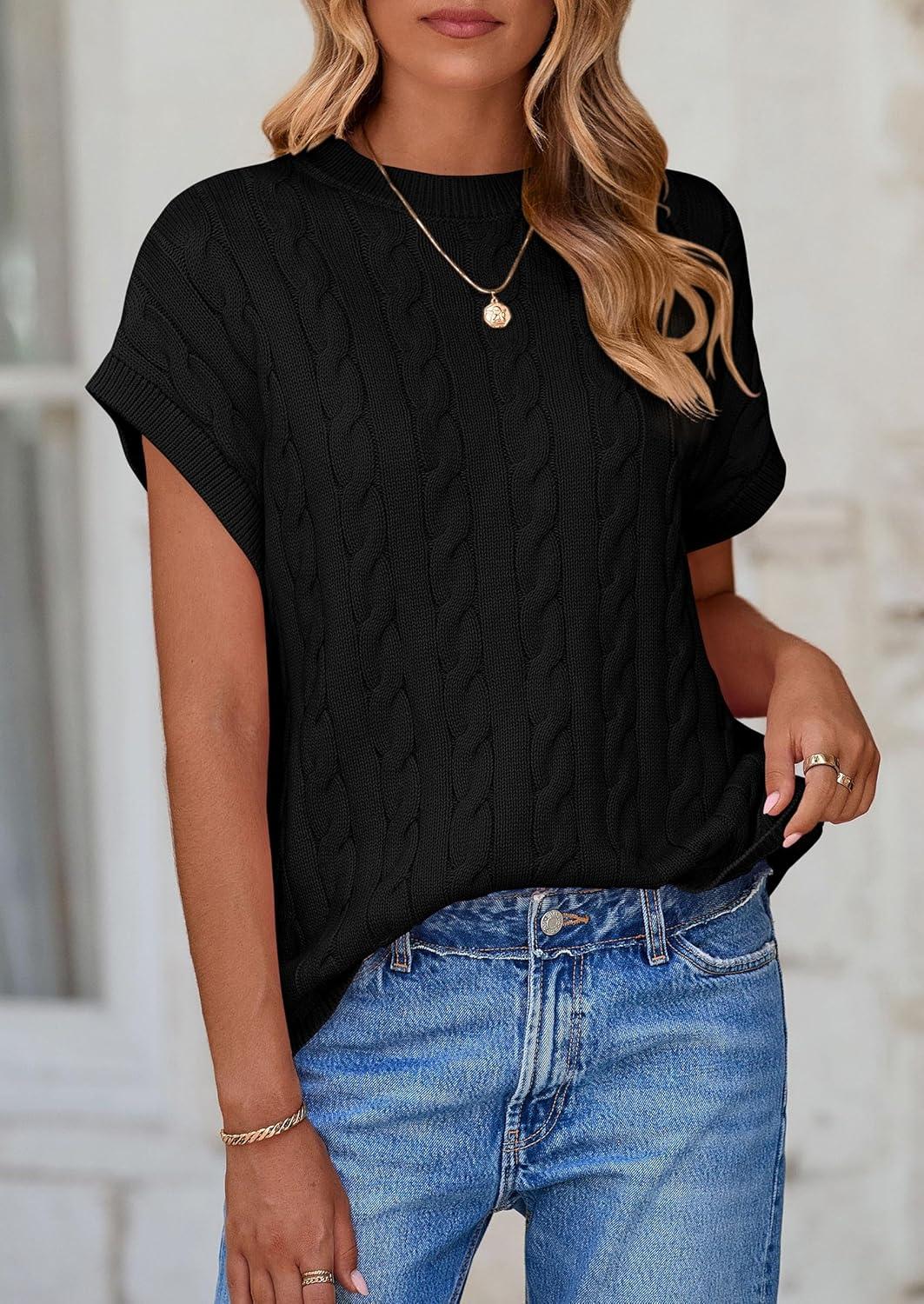 imagePRETTYGARDEN Womens Sweater Vest 2025 Summer Short Sleeve Tops Casual Crewneck Knit Pullover Trendy Spring OutfitsBlack