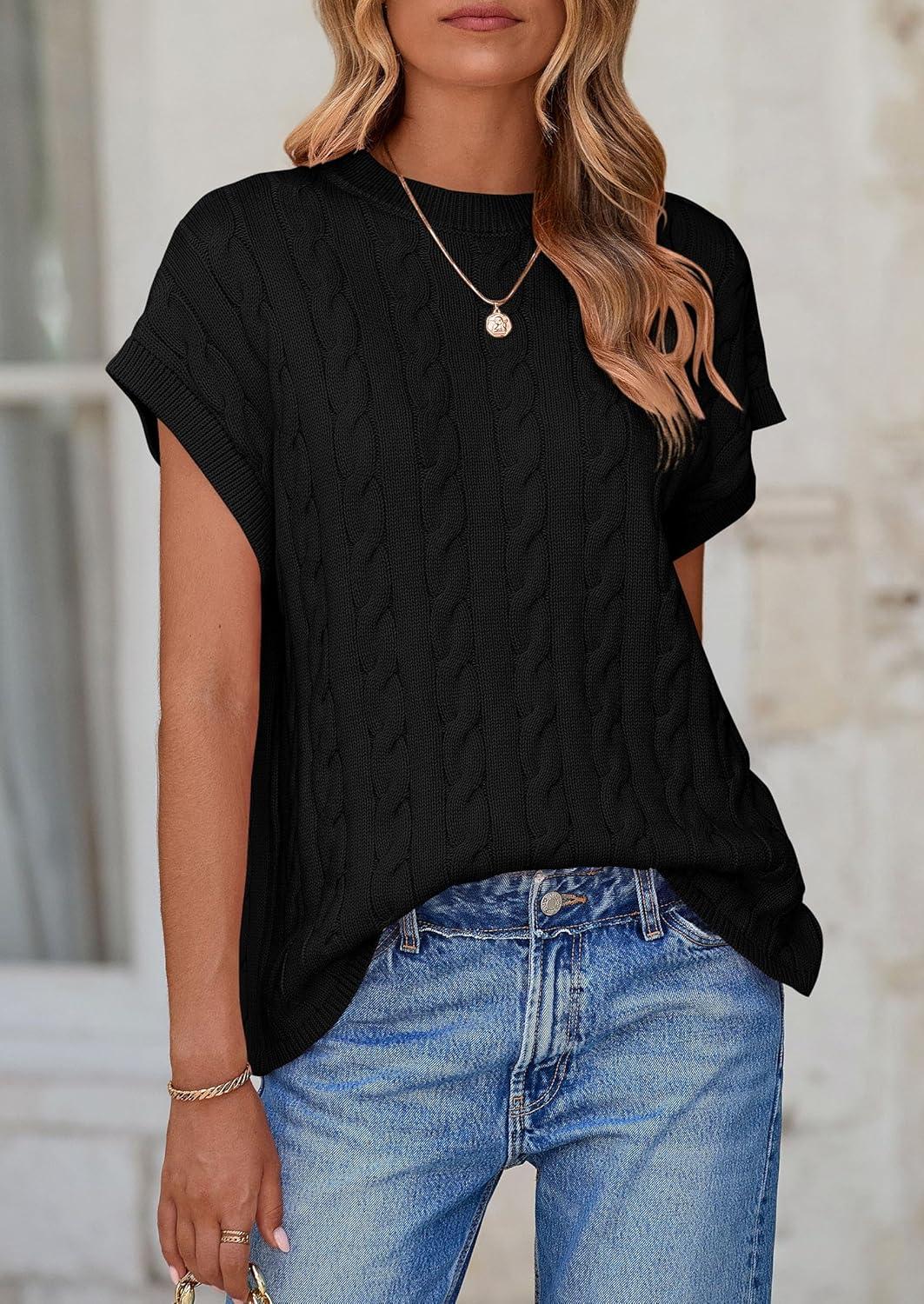 imagePRETTYGARDEN Womens Sweater Vest 2025 Summer Short Sleeve Tops Casual Crewneck Knit Pullover Trendy Spring OutfitsBlack