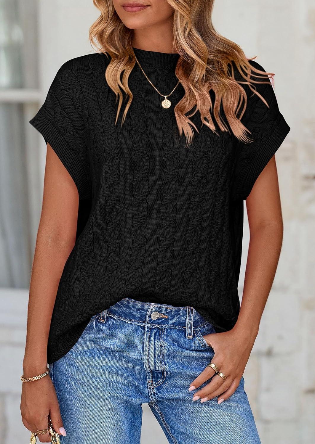 imagePRETTYGARDEN Womens Sweater Vest 2025 Summer Short Sleeve Tops Casual Crewneck Knit Pullover Trendy Spring OutfitsBlack
