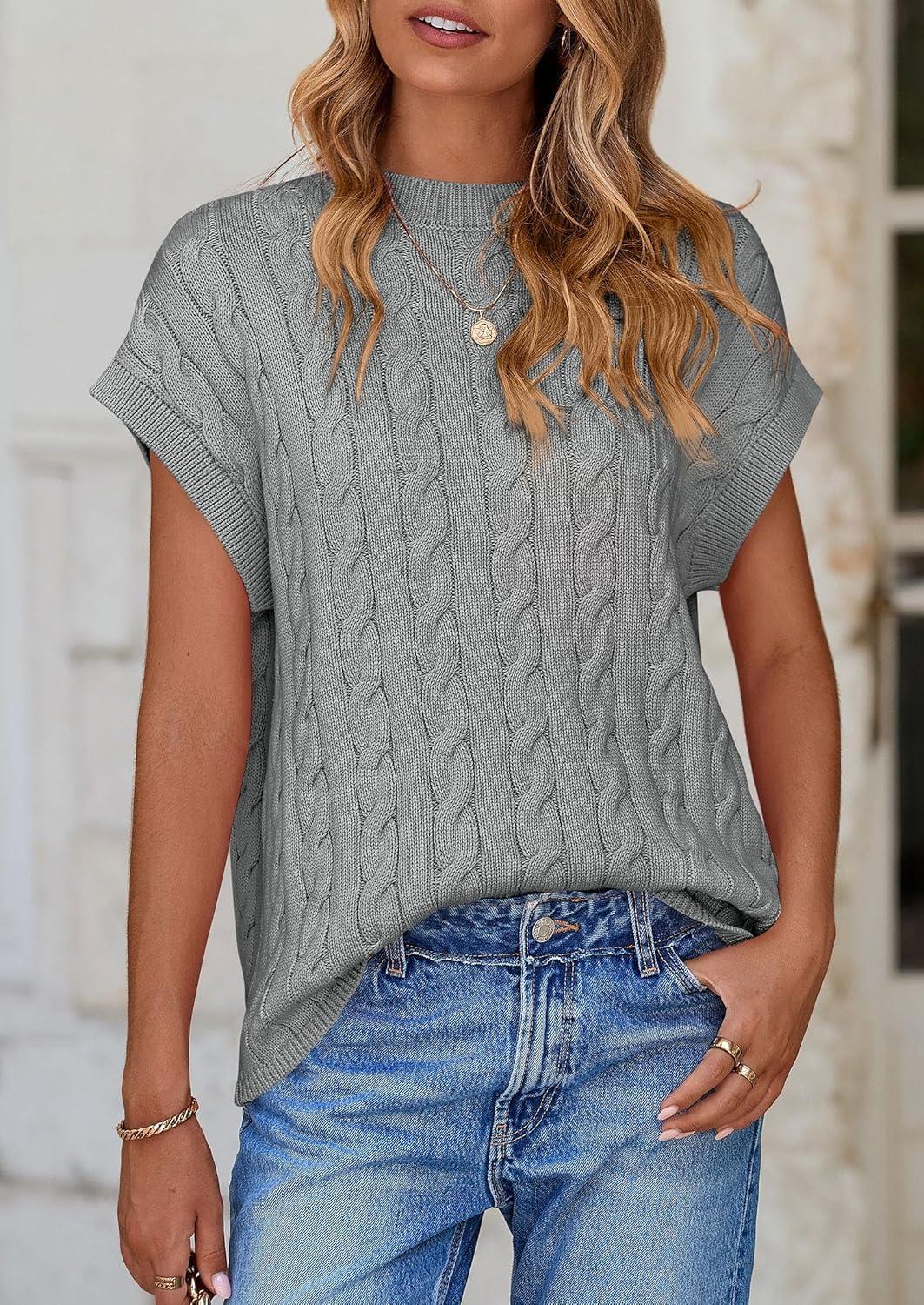 imagePRETTYGARDEN Womens Sweater Vest 2025 Summer Short Sleeve Tops Casual Crewneck Knit Pullover Trendy Spring OutfitsGrey