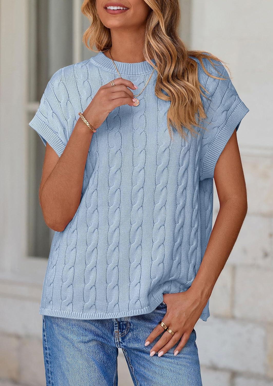 imagePRETTYGARDEN Womens Sweater Vest 2025 Summer Short Sleeve Tops Casual Crewneck Knit Pullover Trendy Spring OutfitsLight Blue