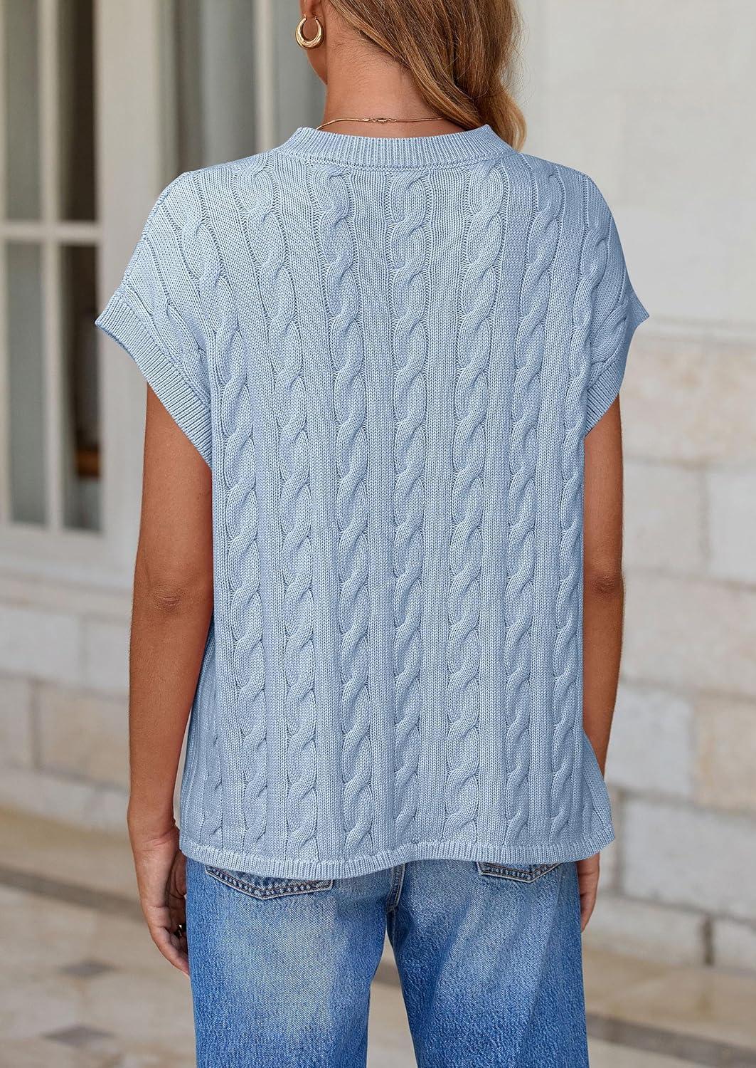 imagePRETTYGARDEN Womens Sweater Vest 2025 Summer Short Sleeve Tops Casual Crewneck Knit Pullover Trendy Spring OutfitsLight Blue