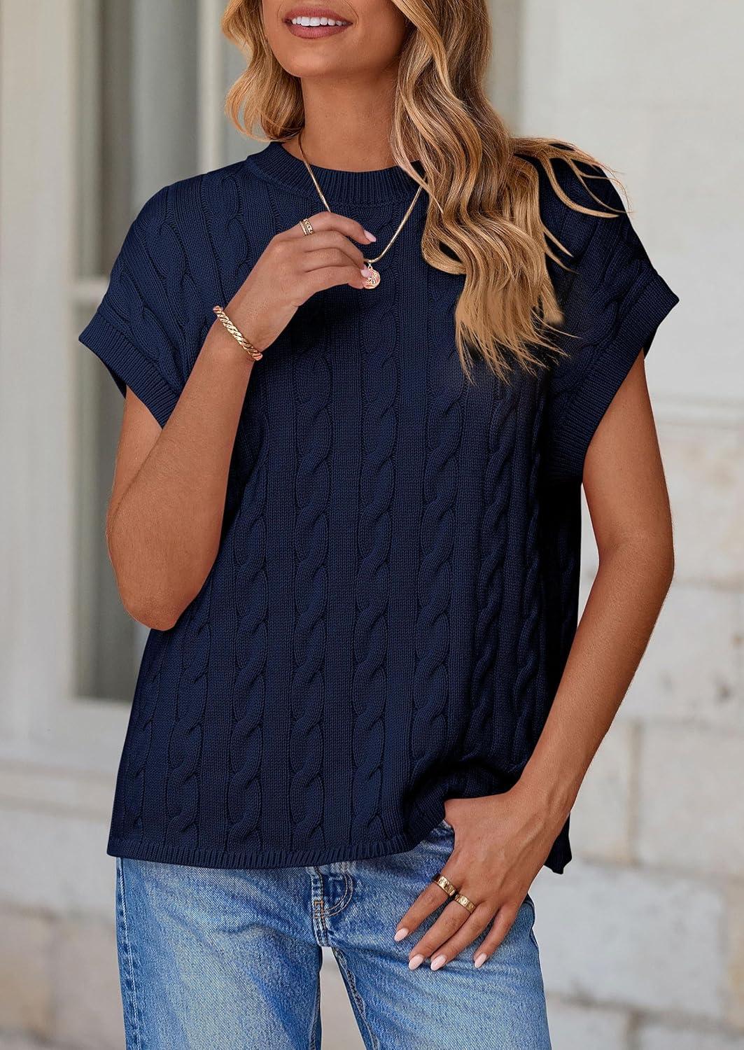 imagePRETTYGARDEN Womens Sweater Vest 2025 Summer Short Sleeve Tops Casual Crewneck Knit Pullover Trendy Spring OutfitsNavy