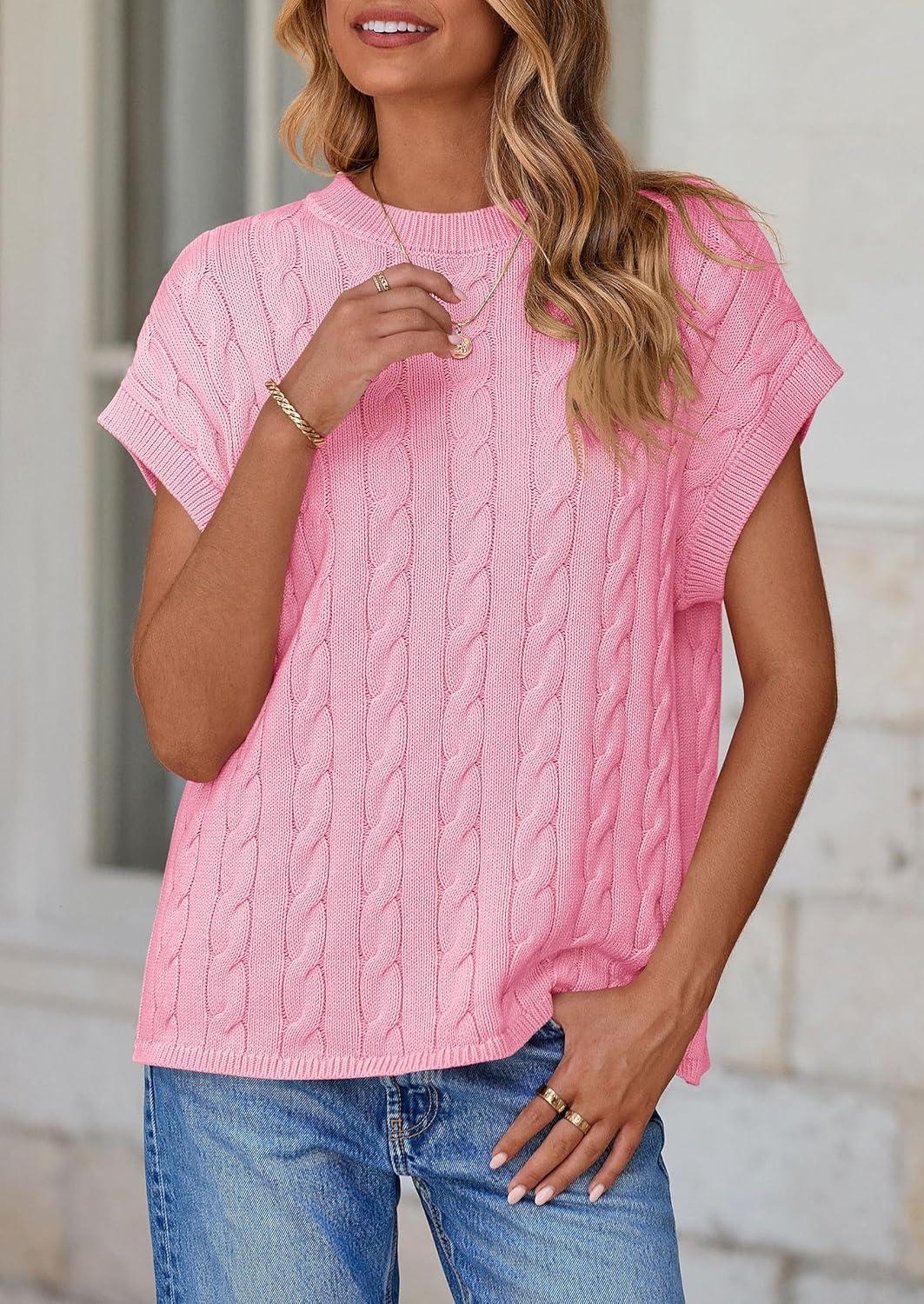 imagePRETTYGARDEN Womens Sweater Vest 2025 Summer Short Sleeve Tops Casual Crewneck Knit Pullover Trendy Spring OutfitsPink