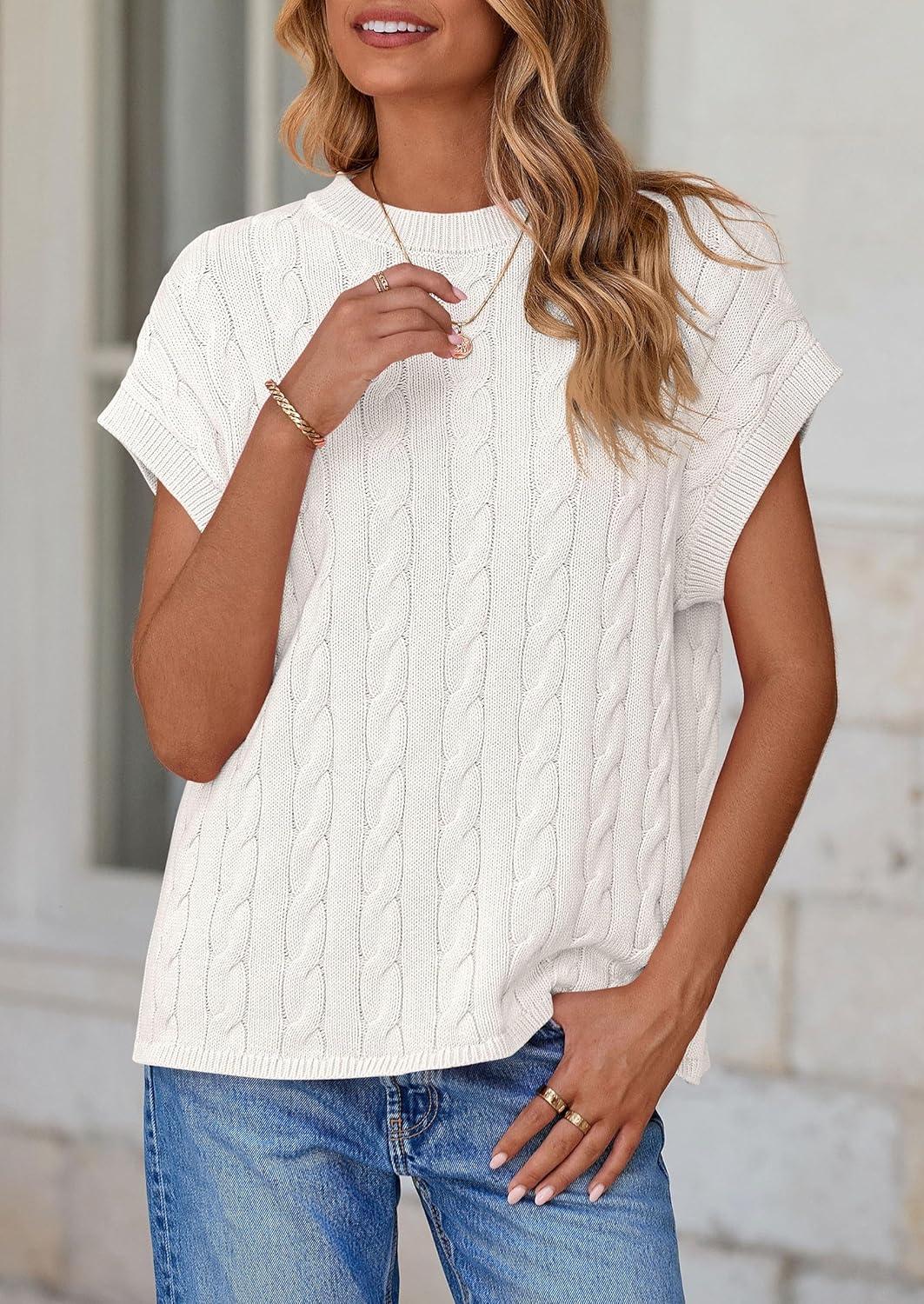 imagePRETTYGARDEN Womens Sweater Vest 2025 Summer Short Sleeve Tops Casual Crewneck Knit Pullover Trendy Spring OutfitsWhite