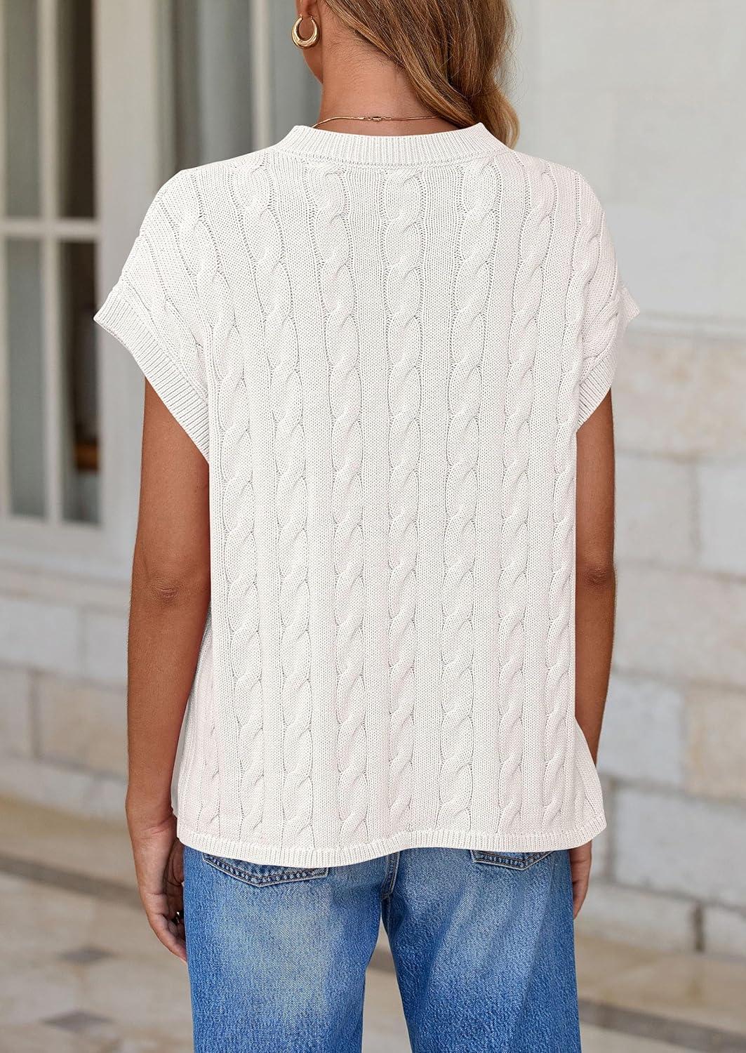 imagePRETTYGARDEN Womens Sweater Vest 2025 Summer Short Sleeve Tops Casual Crewneck Knit Pullover Trendy Spring OutfitsWhite