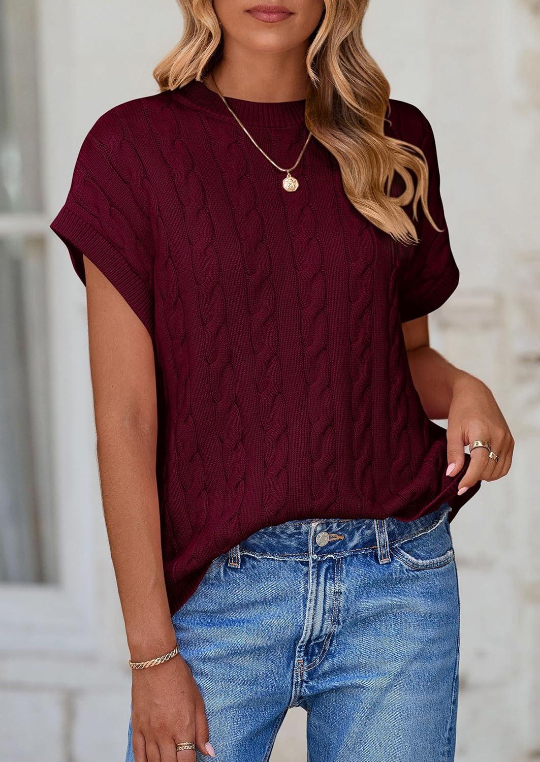 imagePRETTYGARDEN Womens Sweater Vest 2025 Summer Short Sleeve Tops Casual Crewneck Knit Pullover Trendy Spring OutfitsWine Red