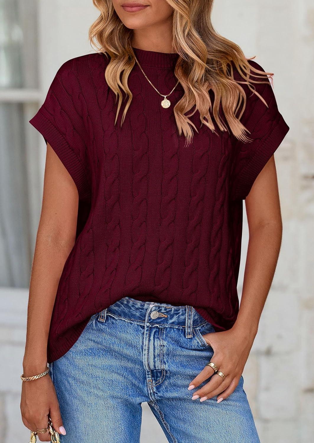 imagePRETTYGARDEN Womens Sweater Vest 2025 Summer Short Sleeve Tops Casual Crewneck Knit Pullover Trendy Spring OutfitsWine Red