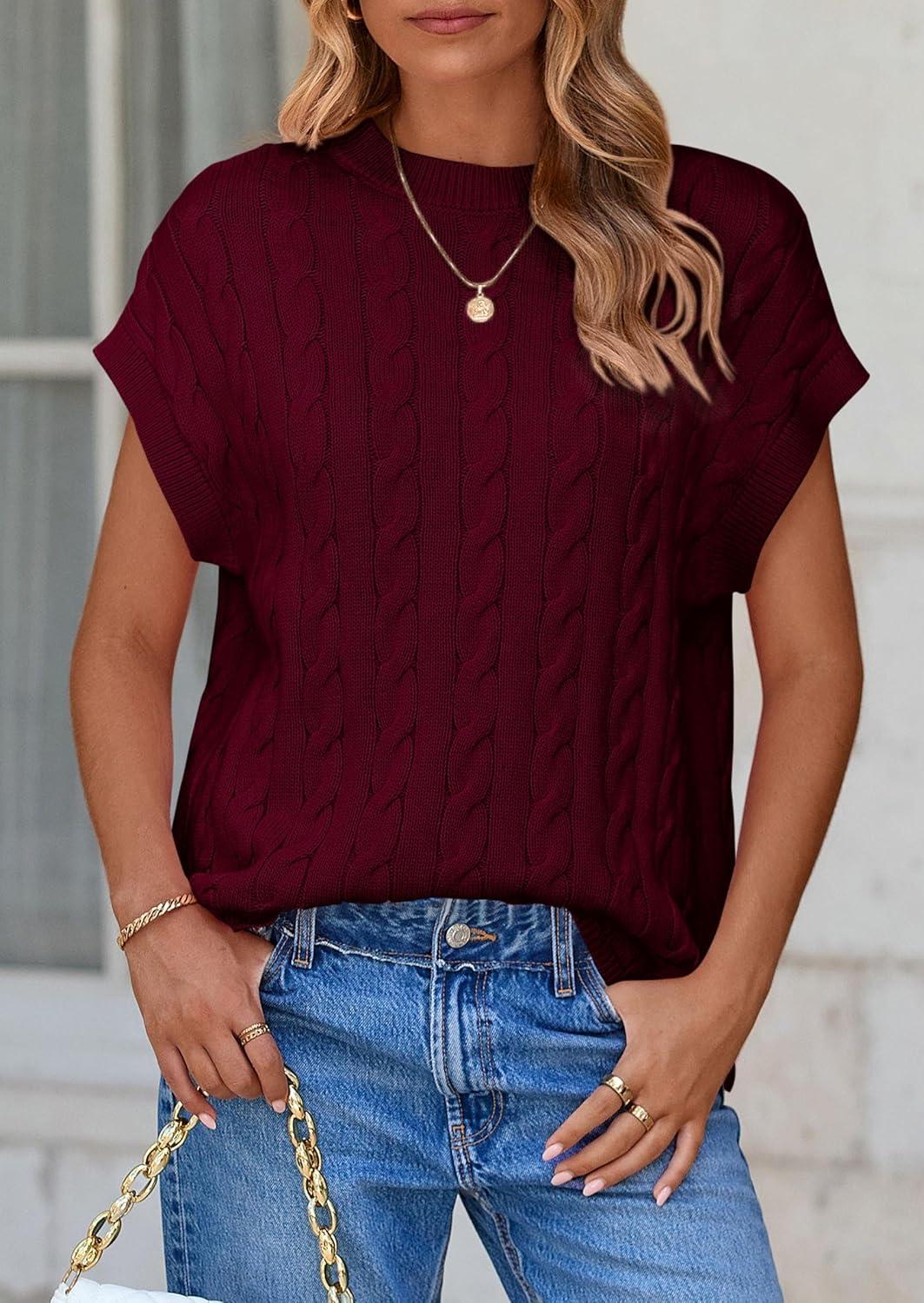 imagePRETTYGARDEN Womens Sweater Vest 2025 Summer Short Sleeve Tops Casual Crewneck Knit Pullover Trendy Spring OutfitsWine Red