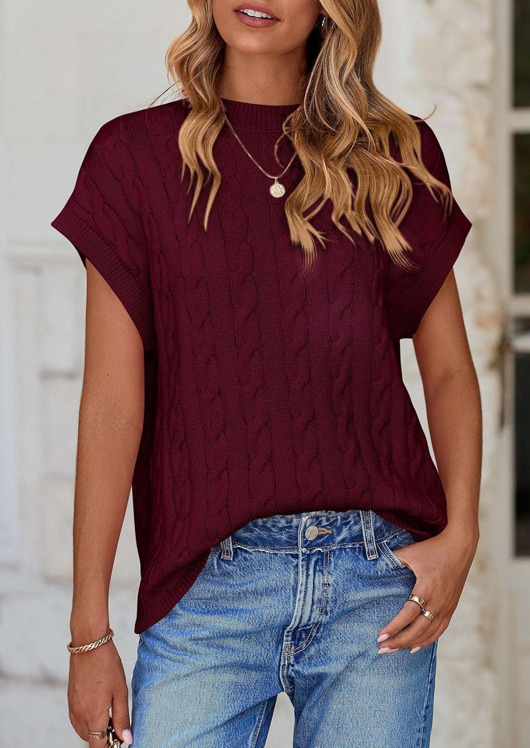 imagePRETTYGARDEN Womens Sweater Vest 2025 Summer Short Sleeve Tops Casual Crewneck Knit Pullover Trendy Spring OutfitsWine Red