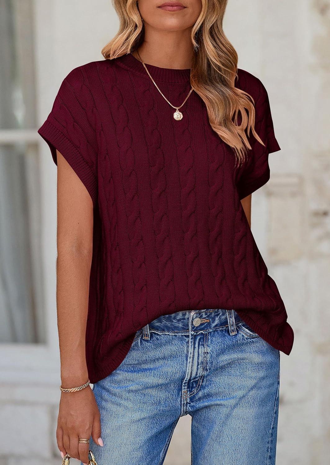 imagePRETTYGARDEN Womens Sweater Vest 2025 Summer Short Sleeve Tops Casual Crewneck Knit Pullover Trendy Spring OutfitsWine Red