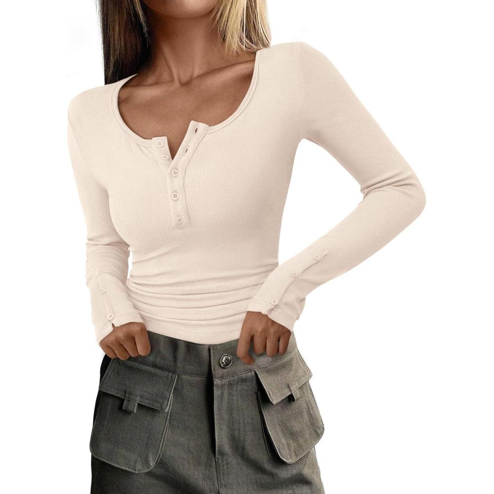 imagePRETTYGARDEN Womens 2025 Spring Long Sleeve Henley T Shirts Ribbed Knit Button Up Slim Fitted Basic Casual Going Out TopsBeige