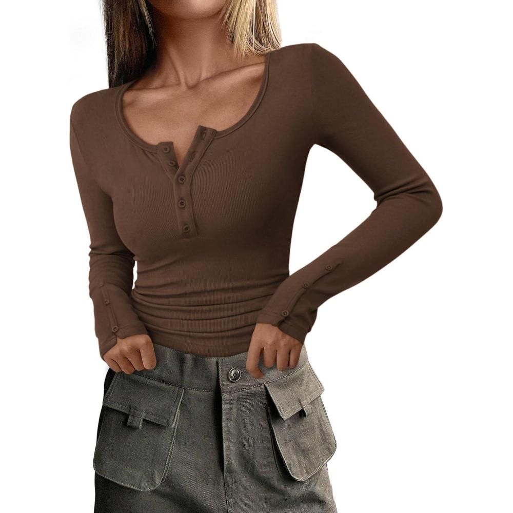 imagePRETTYGARDEN Womens 2025 Spring Long Sleeve Henley T Shirts Ribbed Knit Button Up Slim Fitted Basic Casual Going Out TopsCoffee