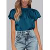imagePRETTYGARDEN Business Casual Tops for Women Blouses Dressy 2025 Summer Short Sleeve Ruffle Satin Work Office AttireDark Sea Blue