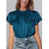 imagePRETTYGARDEN Business Casual Tops for Women Blouses Dressy 2025 Summer Short Sleeve Ruffle Satin Work Office AttireDark Sea Blue