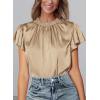 imagePRETTYGARDEN Business Casual Tops for Women Blouses Dressy 2025 Summer Short Sleeve Ruffle Satin Work Office AttireKhaki
