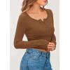 imagePRETTYGARDEN Womens 2025 Spring Long Sleeve Henley T Shirts Ribbed Knit Button Up Slim Fitted Basic Casual Going Out TopsBrown