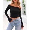 imagePRETTYGARDEN Womens Long Sleeve T Shirts Casual Off Shoulder Ruched Mesh Slim Fit Crop Tops Going Out Summer BlousesBlack