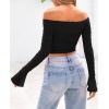 imagePRETTYGARDEN Womens Long Sleeve T Shirts Casual Off Shoulder Ruched Mesh Slim Fit Crop Tops Going Out Summer BlousesBlack