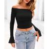 imagePRETTYGARDEN Womens Long Sleeve T Shirts Casual Off Shoulder Ruched Mesh Slim Fit Crop Tops Going Out Summer BlousesBlack