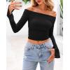 imagePRETTYGARDEN Womens Long Sleeve T Shirts Casual Off Shoulder Ruched Mesh Slim Fit Crop Tops Going Out Summer BlousesBlack