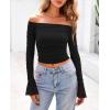 imagePRETTYGARDEN Womens Long Sleeve T Shirts Casual Off Shoulder Ruched Mesh Slim Fit Crop Tops Going Out Summer BlousesBlack