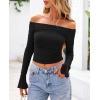 imagePRETTYGARDEN Womens Long Sleeve T Shirts Casual Off Shoulder Ruched Mesh Slim Fit Crop Tops Going Out Summer BlousesBlack