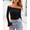 imagePRETTYGARDEN Womens Long Sleeve T Shirts Casual Off Shoulder Ruched Mesh Slim Fit Crop Tops Going Out Summer BlousesBlack