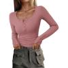 imagePRETTYGARDEN Womens 2025 Spring Long Sleeve Henley T Shirts Ribbed Knit Button Up Slim Fitted Basic Casual Going Out TopsGrey Pink