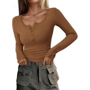 imagePRETTYGARDEN Womens 2025 Spring Long Sleeve Henley T Shirts Ribbed Knit Button Up Slim Fitted Basic Casual Going Out TopsBrown