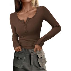 imagePRETTYGARDEN Womens 2025 Spring Long Sleeve Henley T Shirts Ribbed Knit Button Up Slim Fitted Basic Casual Going Out TopsCoffee